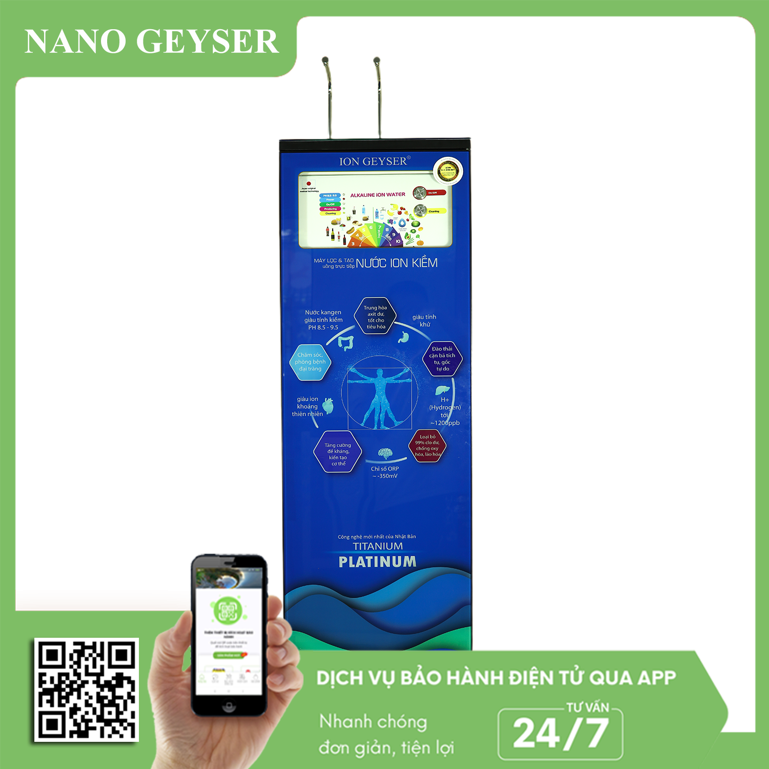 Cây nước ion Kiềm Nano Geyser I8, 2 chế độ nước tinh khiết và ion kiềm - Hàng Chính Hãng