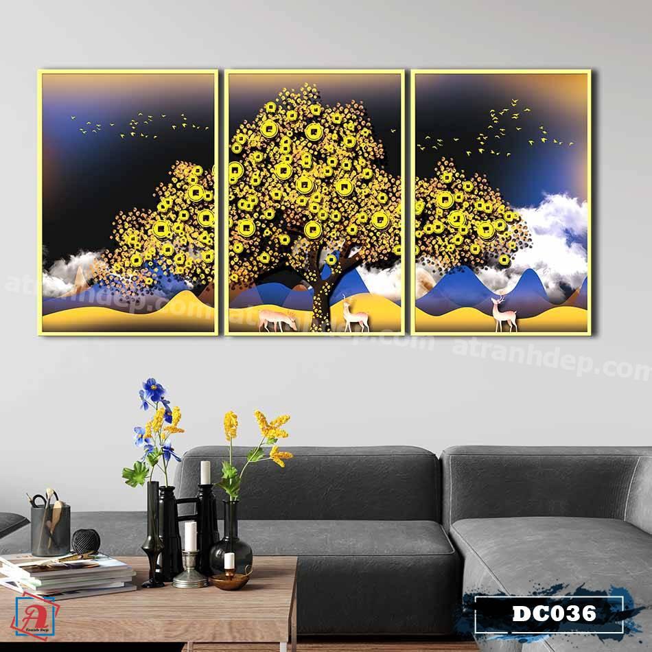 Bộ 3 tranh canvas treo tường Decor Họa tiết hươu và cây kim tiền, phong cách hiện đại – DC036