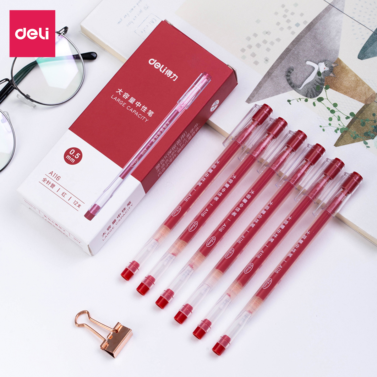 Bút gel 0.5mm Deli nhiều màu lựa chọn - Bút bi nước - 1 chiếc - Mực đỏ / Xanh / Đen - A116