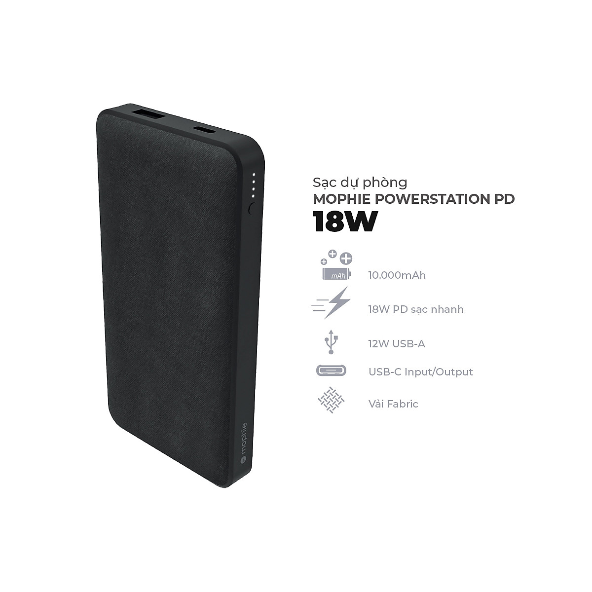 Sạc Dự Phòng Mophie Powerstation 401105999 Dung Lượng 10.000mAh, Sạc Nhanh PD 18W - Hàng Chính Hãng