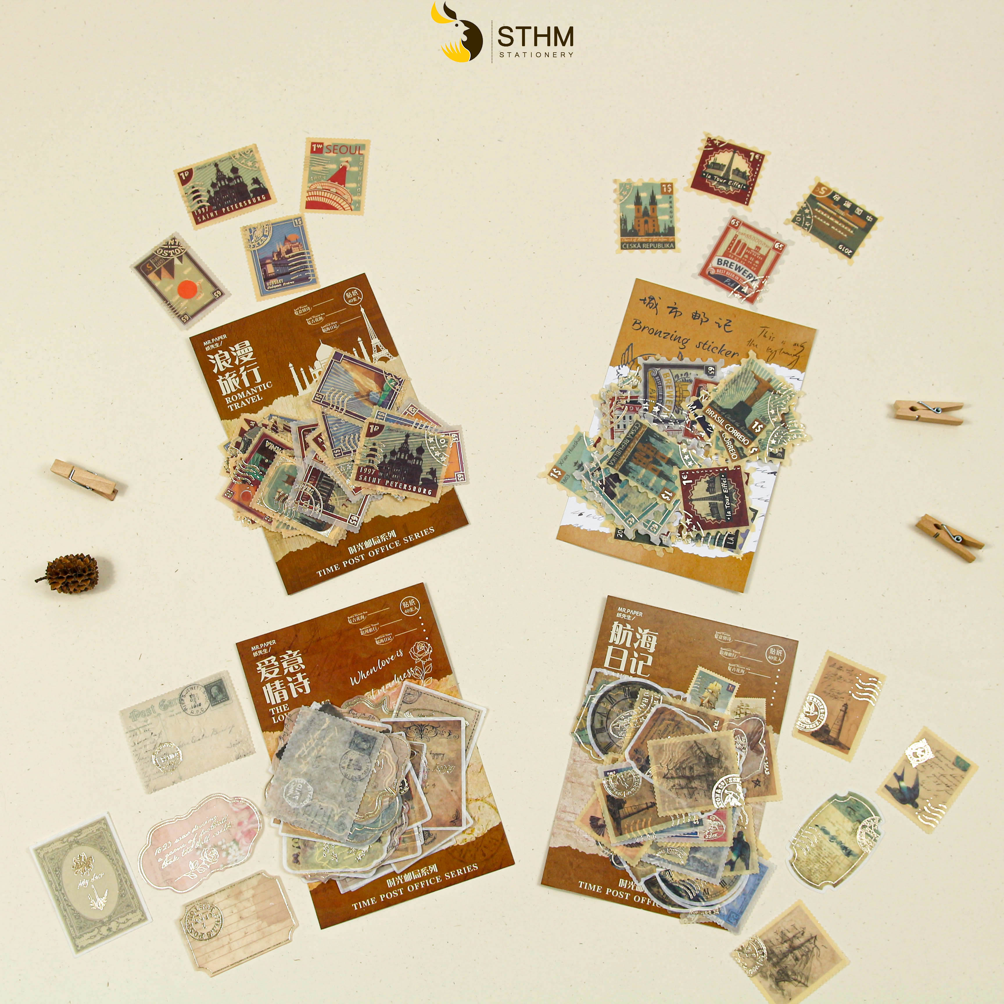 Sticker xấp 40 tờ - 20 mẫu có ánh kim - Phụ kiện trang trí sổ tay vintage - STHM stationery