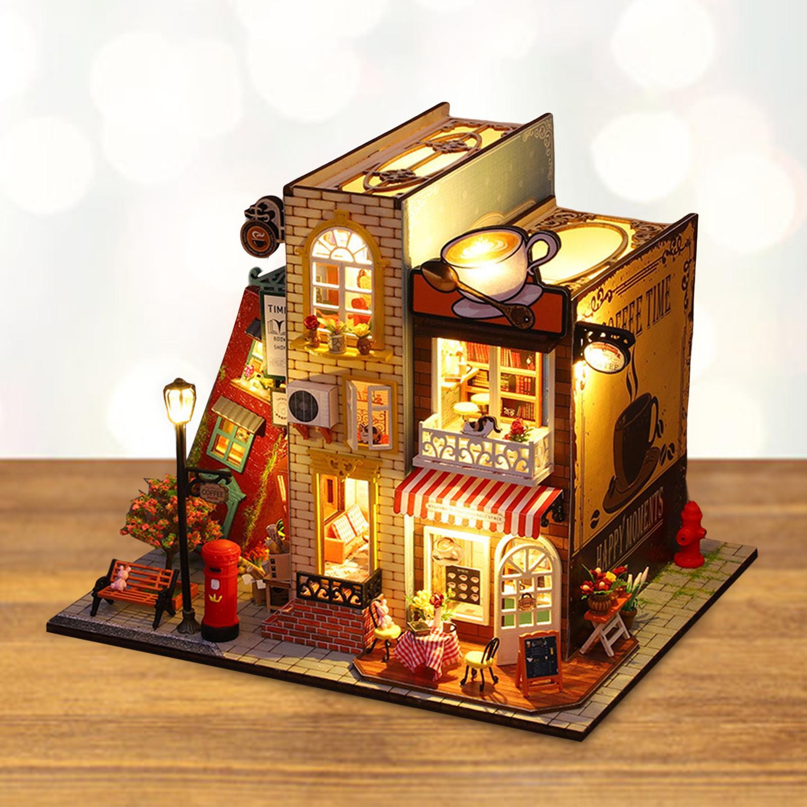 Unfinished Dollhouse DIY Kit with Dustproof Cover Wooden Dollhouse Miniature Kit Creative Room for Shelf Home Living Room Cabinet Decoration