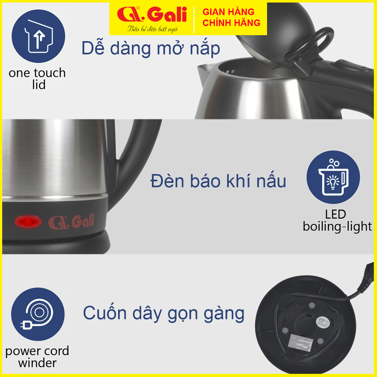 Bình Đun Siêu Tốc GALI GL-0018C GL-0025 GL-0012A GL-0050 GL-0017C GL-0018I GL-17X GL-18F GL-18K GL-18E dung tích từ 1,2 lít - 5 lít, Inox (SUS 304) , không bị phôi nhiễm, bảo hành chính hãng