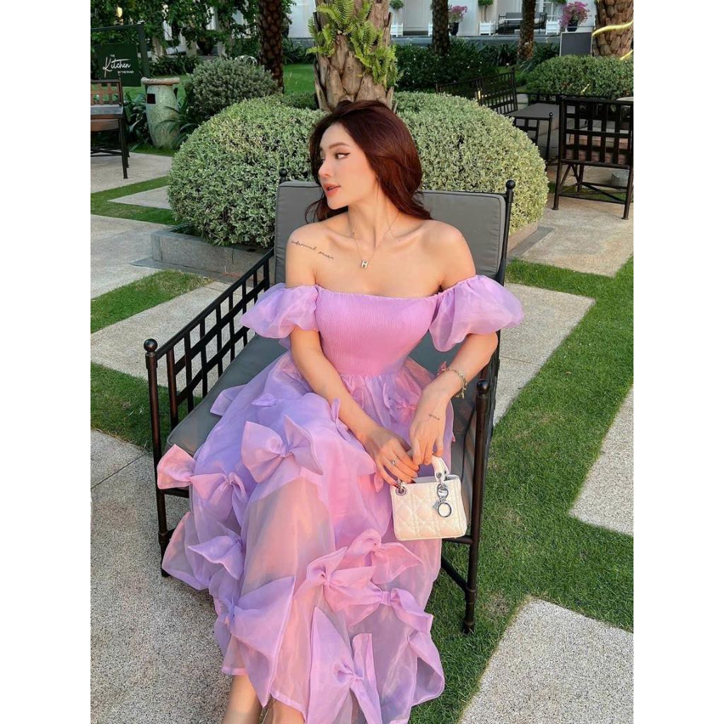 Đầm maxi tơ lụa tay phồng nhiều nơ siêu hot