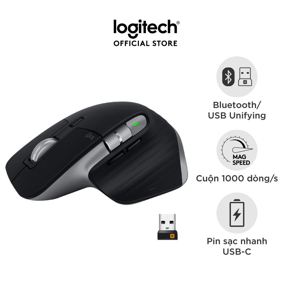 Chuột không dây Bluetooth Logitech MX Master 3 - form to, kết nối 3 thiết bị, cuộn siêu nhanh, sạc nhanh USB-C, có bản cho Mac - Hàng chính hãng