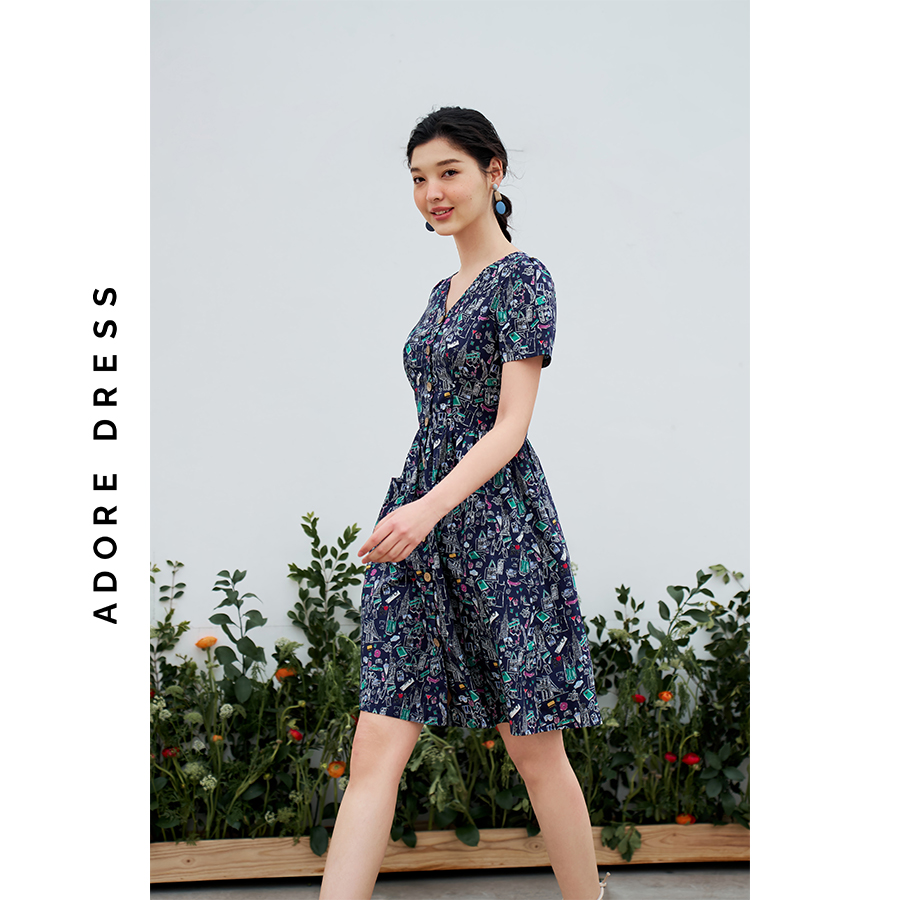 Đầm mini vải thô navy in họa tiết 3ASDR1190 ADORE DRESS