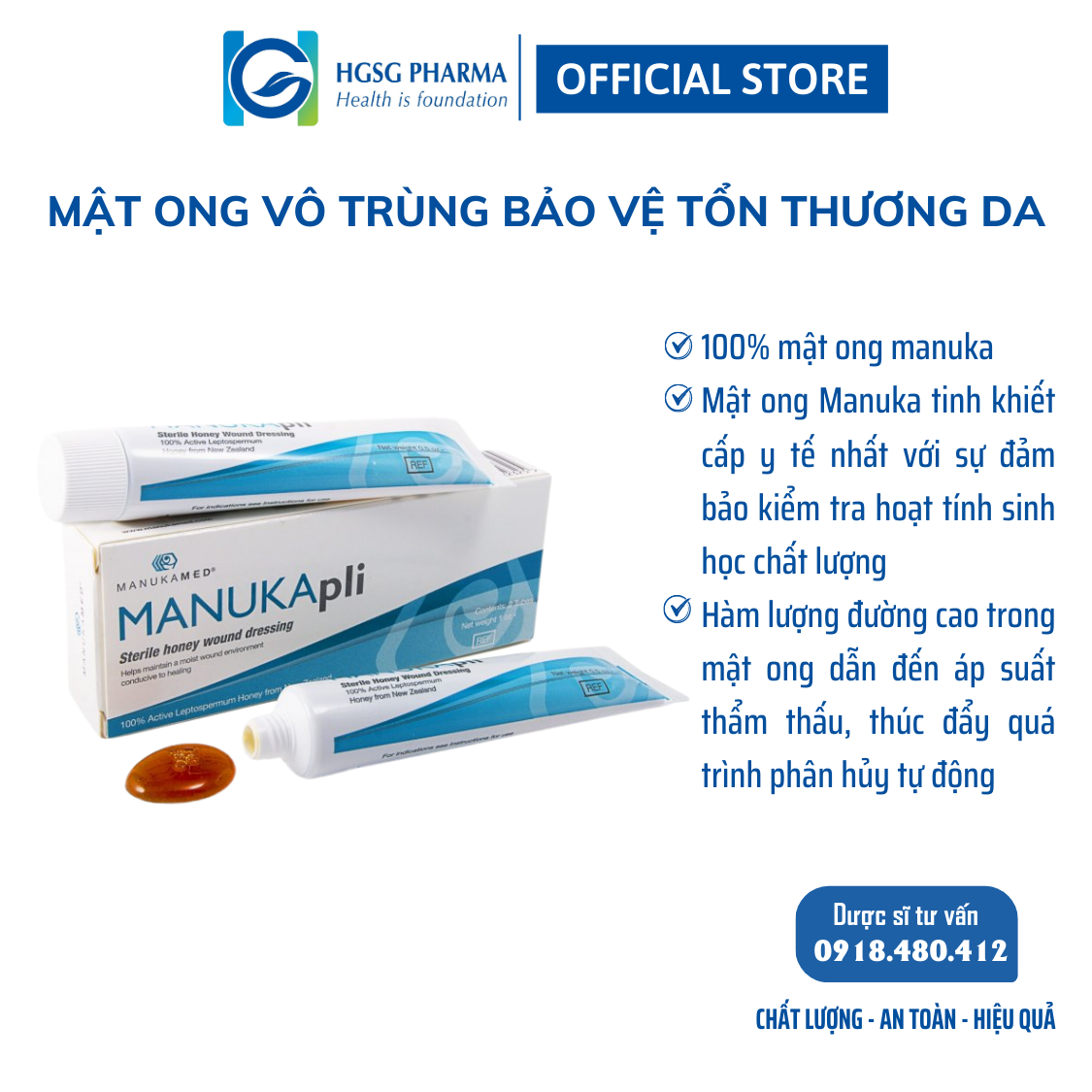 Mật ong vô trùng y tế HGSG Pharma MANUKApli Newzealand (Tuýp 15g)