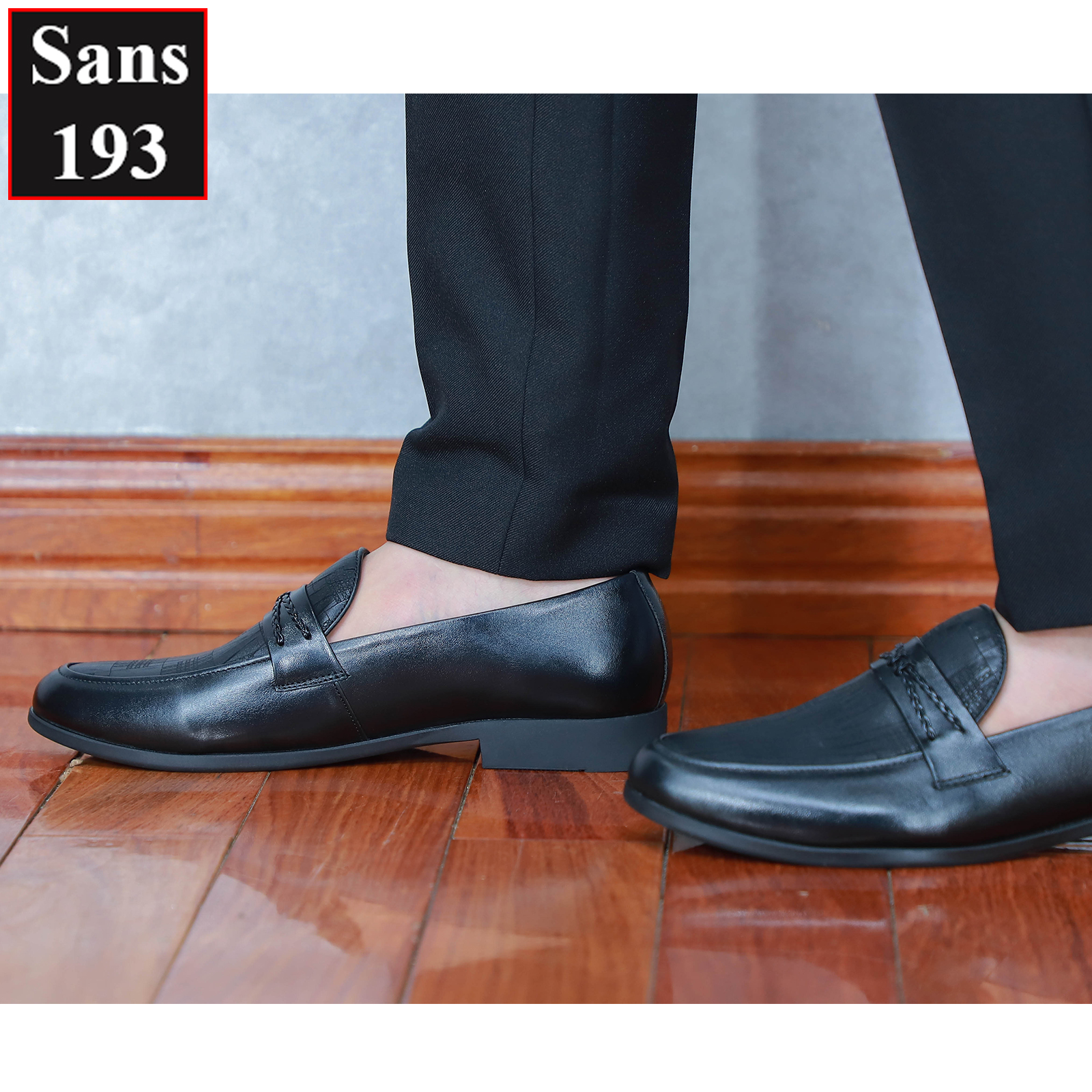 Giày lười nam da bò thật Sans193 penny loafer hoạ tiết đẹp cao cấp giầy mọi moca công sở đen thời trang hàn quốc