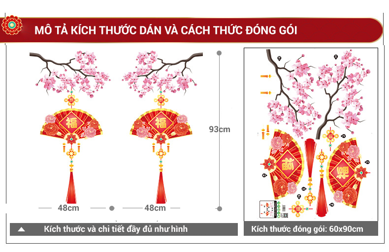 Decal trang trí tết 2 mặt dán kính hình cành đào treo chữ Phúc mới nhất