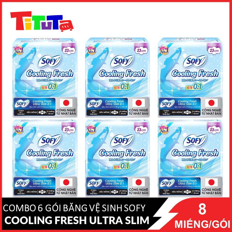 Combo 6 Băng vệ sinh cao cấp Sofy Cooling Fresh Ultra Slim 0.1 có cánh 23cm 8 miếng 8 miếng/gói