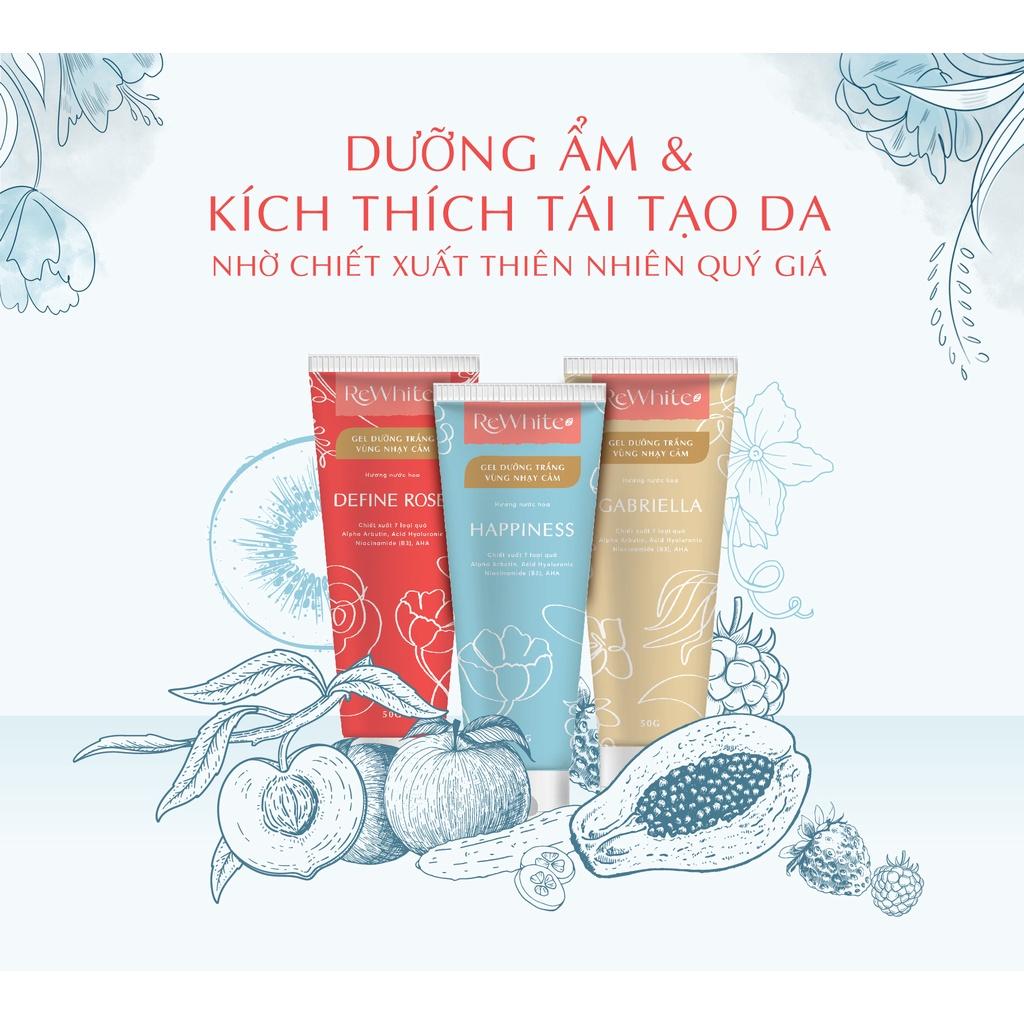 Combo Tẩy Da Chết Và Gel Dưỡng Trắng Giảm Thâm Nách, Mông, Bikini Rewhitez Hương Nước Hoa Ngọt Ngào Happiness Tuýp 50g