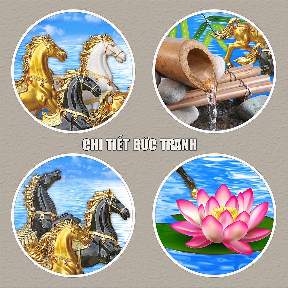 Tranh treo tường phòng khách, phòng ngủ MÃ ĐÁO THÀNH CÔNG khung gỗ composit chất liệu pvc gương / lụa kim sa. MS:1495L9