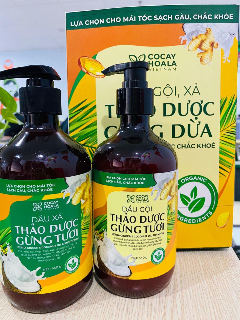 Dầu xả thảo dược gừng dừa Cocayhoala mềm mượt tóc, dưỡng tóc, phục hồi hư tổn dung tích 440g -95%thành phần từ gừng tươi hữu cơ còn nguyên xơ gừng an toàn cho mẹ bầu mẹ sau sinh