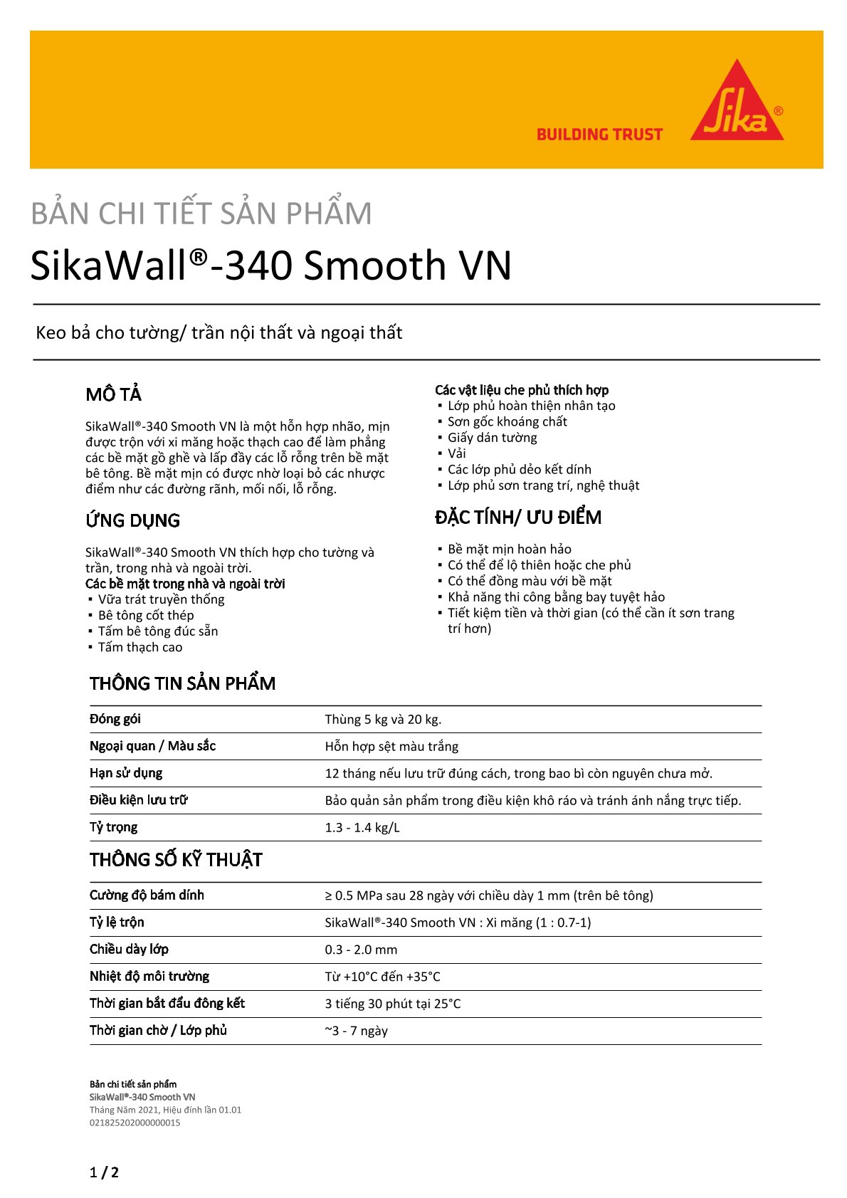 Bột trét tường SikaWall 340 Smotth VN – Keo bả cho tường và trần, sử dụng được trong nhà/ngoài trời