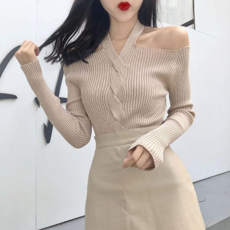 Áo Sweater dệt kim tay dài màu trơn phong cách retro