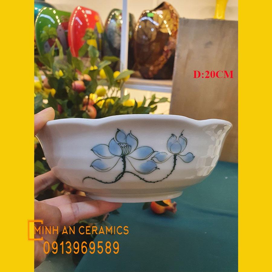 Bộ đồ ăn hoa mặt trời 15 món vẽ sen xanh gốm Minh An Bát Tràng kích thước 45cm