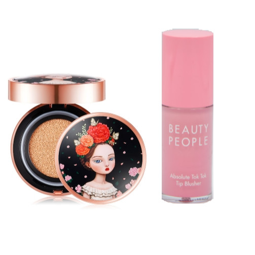 COMBO Phấn nước trang điểm làm trắng và ngăn ngừa lão hóa - BEAUTY PEOPLE Absolute Lofty Girl Tension Cushion Foundation [Antique] 18g + Má hồng dạng kem tiện lợi BEAUTY PEOPLE Absolute Tok Tok Tip Blusher 6.5g