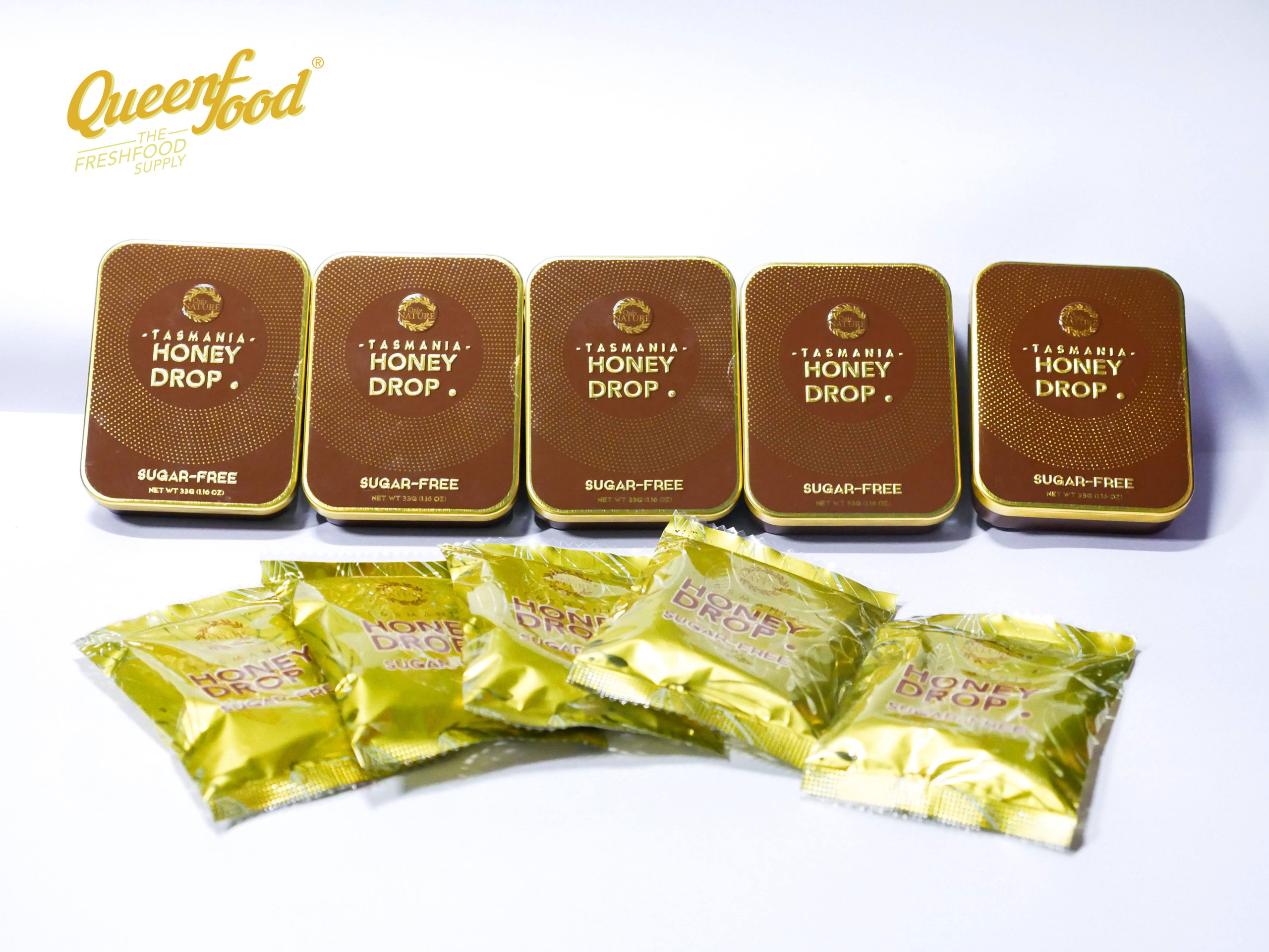 Kẹo Sả Nhân Mật Ong Queenfood Honey Drop Leatherwood Không Đường 33gr Hộp 10 viên