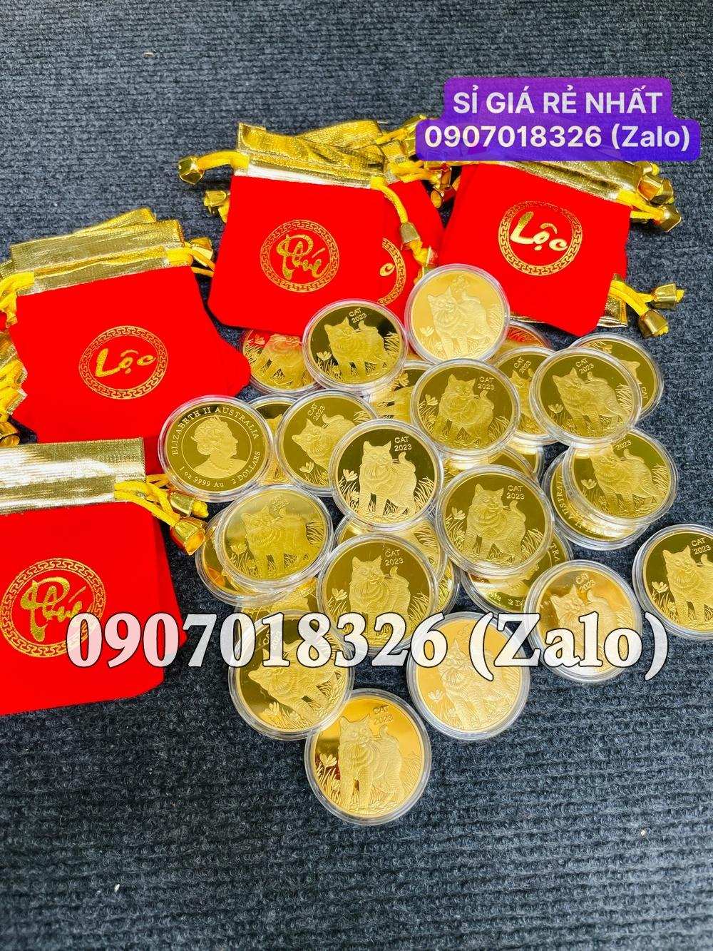 10 Đồng Xu Hình Mèo Vàng của Úc phát hành Tết 2023 - túi LỘC gấm đỏ tặng kèm mỗi xu NELI