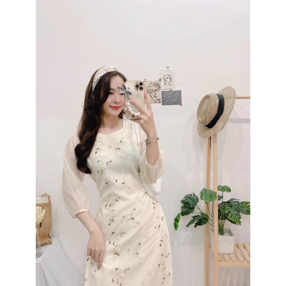 ÁO DÀI 3 LỚP HOA THUÊ PHONG CÁCH-Hình shop chụp thât