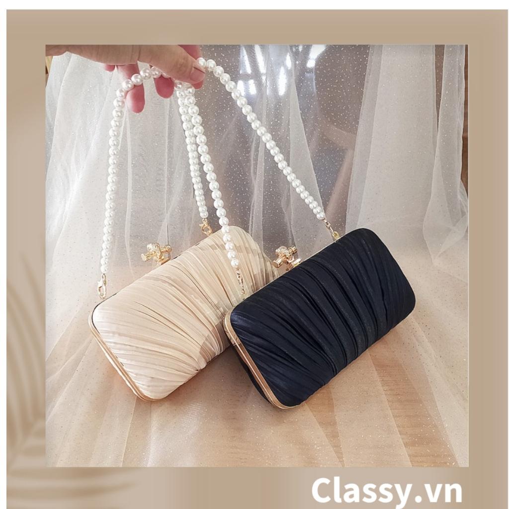 Clutch Classy cầm tay đi tiệc màu be, vải Satin Mịn Xinh Sang Dài 18 X Rộng 10 CM, dây đeo chuỗi hạt T006