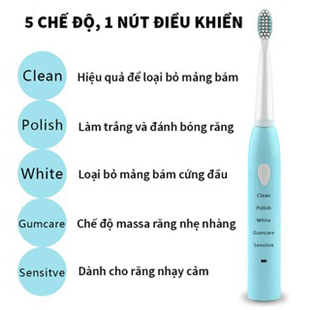 Bàn chải đánh răng điện tự động 5 cấp độ sạc PIN phù hợp cho cả người lớn và cho bé tặng kèm 4 đầu bàn chải thay thế