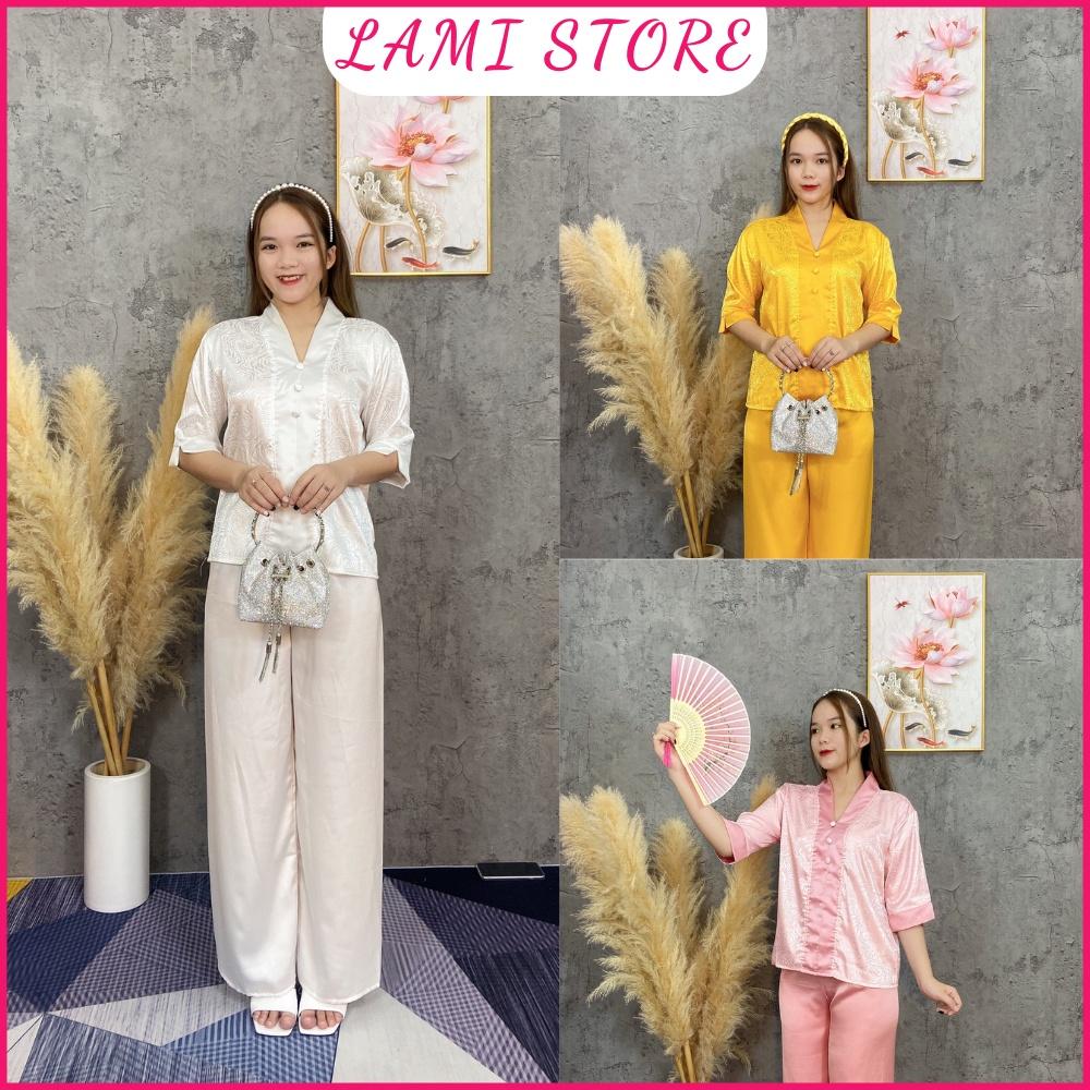 Đồ lam đi chùa nữ bộ đi lễ pháp phục đi chùa lụa gấm xuông đẹp thiết kế cao cấp trang nhã sang trọng LAMI STORE V9
