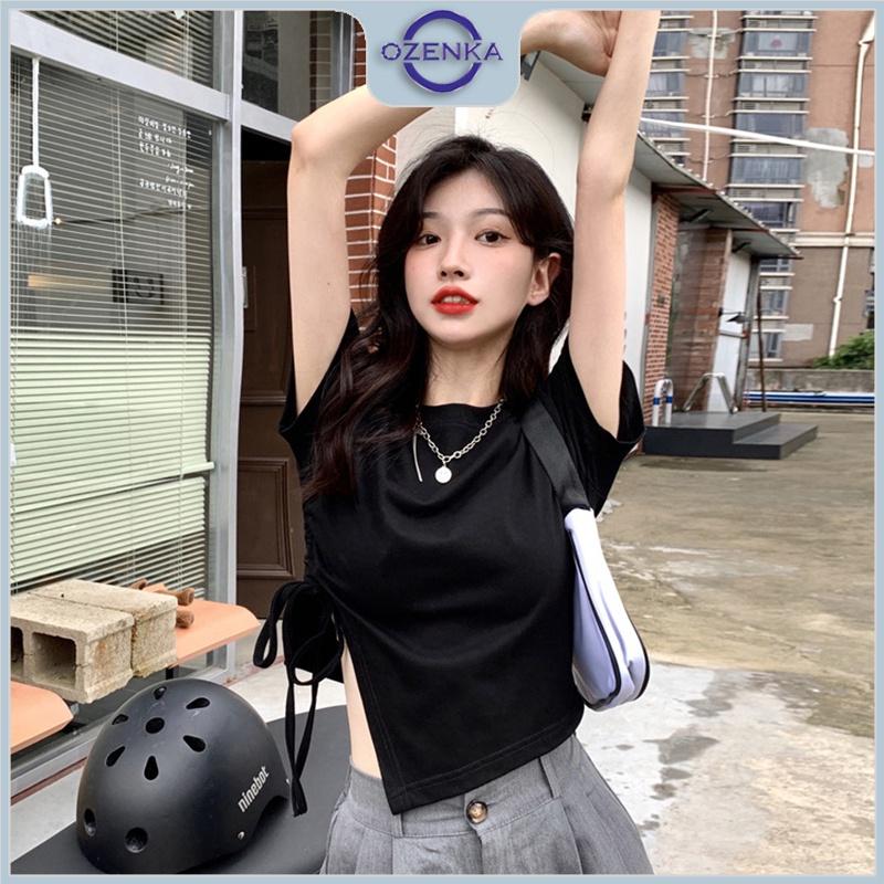 Áo croptop ulzzang kiểu vạt chéo rút dây rộng cổ tròn OZENKA , áo crt thun cotton basic màu đen trắng mặc đi học đi chơi