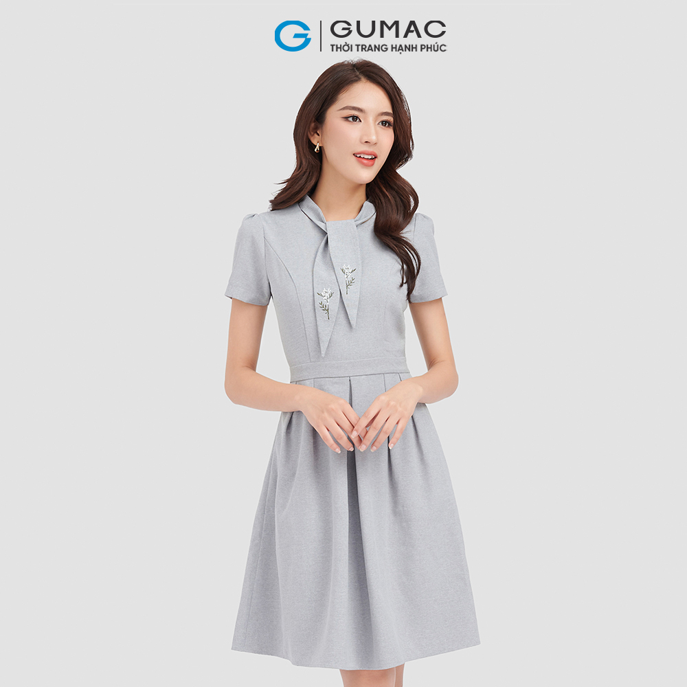 Đầm form A dáng xòe GUMAC DC09070 phối nơ thêu thanh lịch