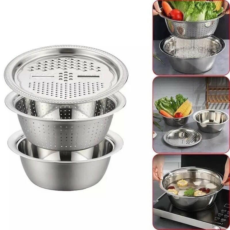 Bộ 3 món thau , rổ inox bào rau củ quả đa năng