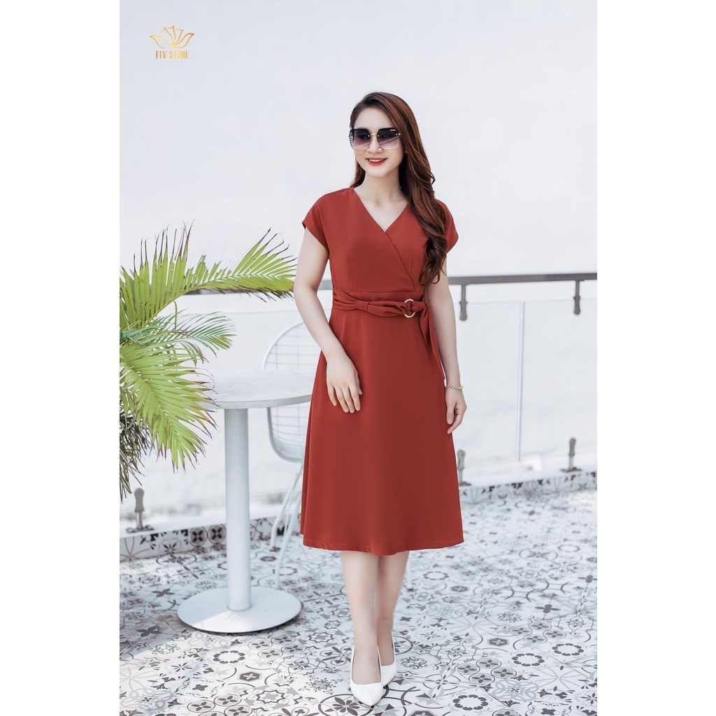 Đầm form A công sở TTV1103 TTV Store thiết kế cổ đắp chéo tay cánh dơi màu cam gạch