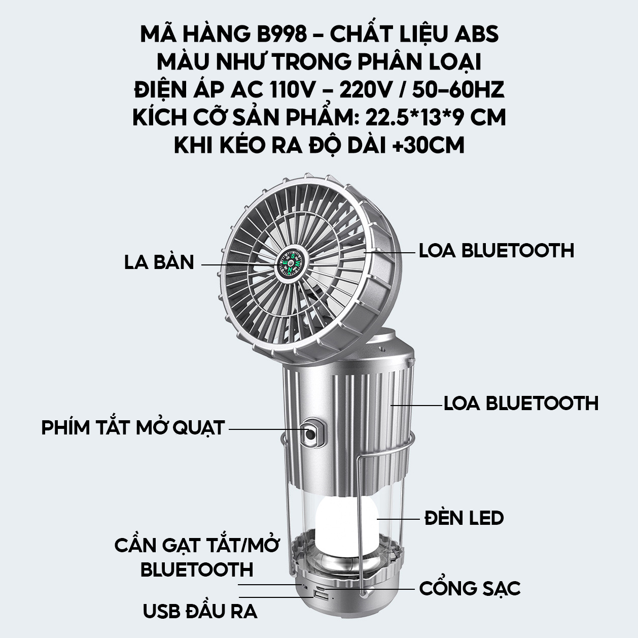 Quạt Gió Treo Đa Năng Dã Ngoại Tích Hợp Đèn Treo Có Chức Năng Loa Bluetooth 2 Trong 1 Sạc Pin Usb Và Dùng Pin Tiểu Aaa