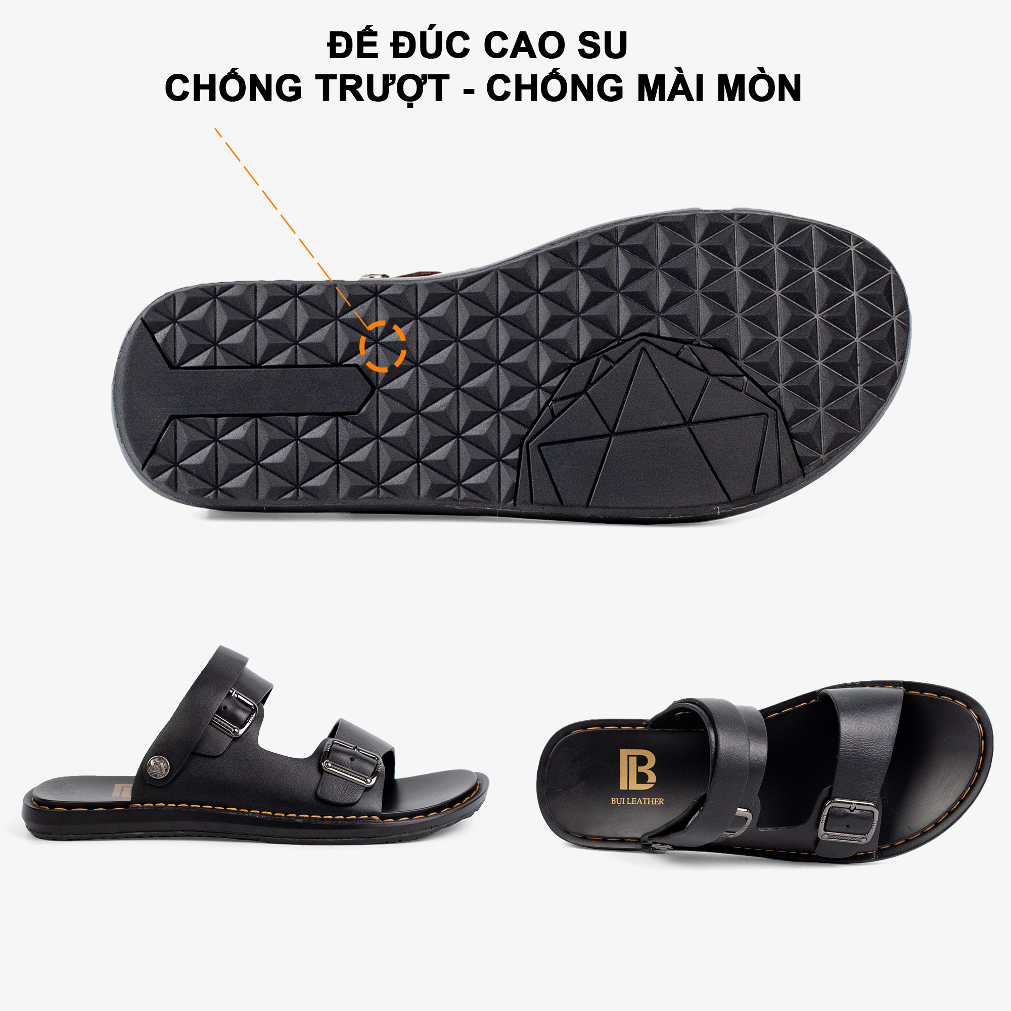 Dép nam quai ngang da bò Nappa cao cấp Bụi Leather E101 - Đế cao su đúc nguyên khối, chống trơn trượt