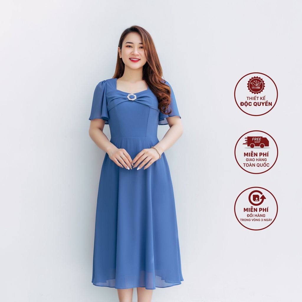 Đầm xoè thời trang trung niên TTV Store Cổ vuông nơ tay loe thiết kế Xanh dương TTV1183 thanh lịch