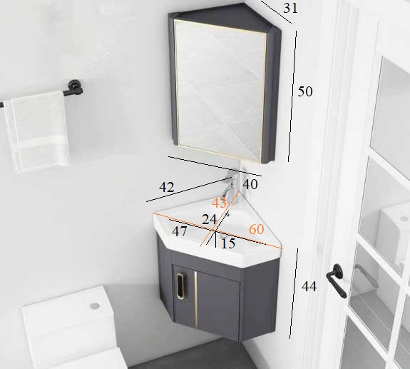 Bộ tủ chậu lavabo phòng tắm bằng nhôm màu xám hoặc trắng treo ở góc tường sử dụng tối ưu không gian