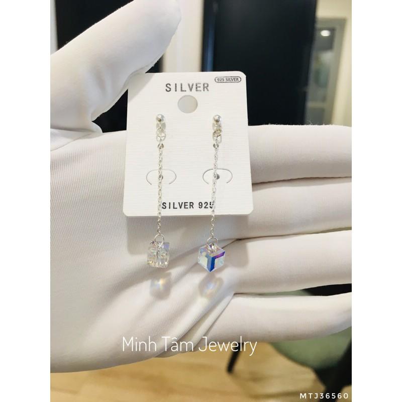 Bông tai pha lê lập phương bạc ta,Bông tai bạc pha lê dáng dài-Minh Tâm Jewelry