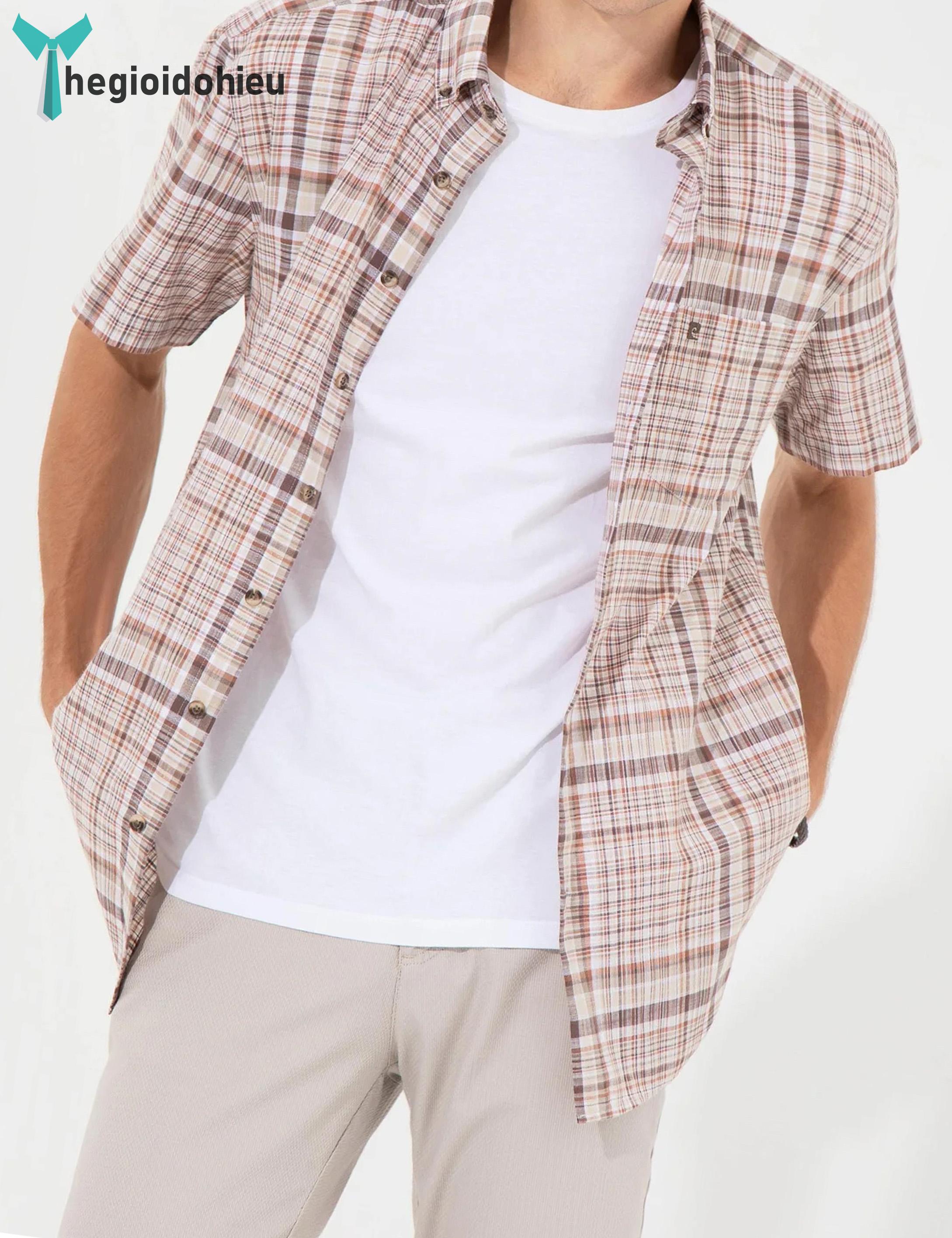 Áo sơ mi nam ngắn tay Pie Cardin PCShirt98 (Caro nâu đỏ) - Hàng nhập khẩu - Có túi - Caro nâu đỏ