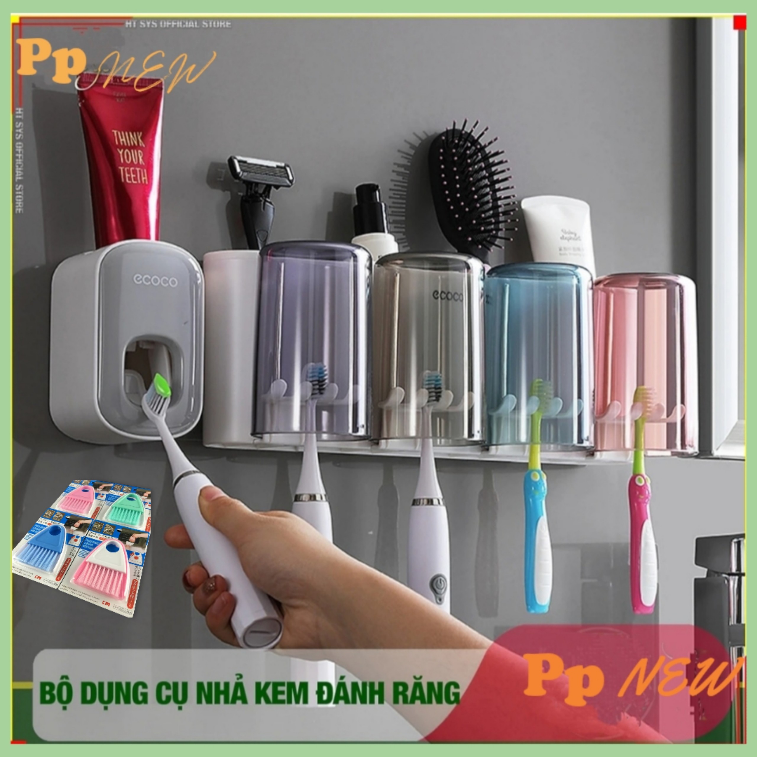 Bộ dụng cụ nhả kem đánh răng tự động 4 cốc và giá treo bàn chải đa năng PHT SUS-ECOCO-E1922-chất liệu ABS cao cấp