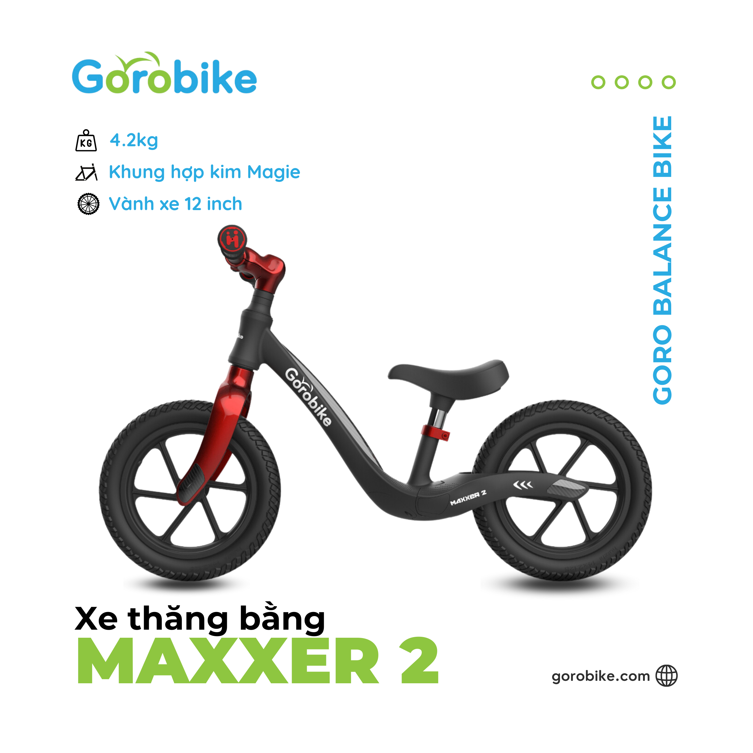 Xe Thăng Bằng Maxxer 2 Gorobike  - Bánh 12 inch (cho trẻ 2-3 Tuổi/ Cao 80-105Cm)