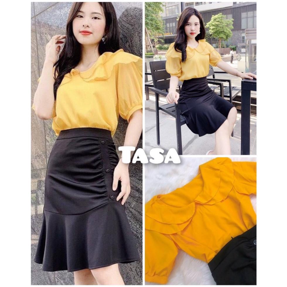 TBO-Set Áo Lụa Cổ Bèo &amp; Chân Váy Umi Nhún (Kèm Video Hình Thật) thời trang công sở TASA