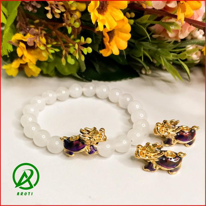 Vòng Phong Thủy Mệnh Kim_Thủy - Vòng Tay Nam Nữ Mã NãoTrắng  Mix Long Quy Vàng Đổi Màu Độc Lạ 8mm V374-8