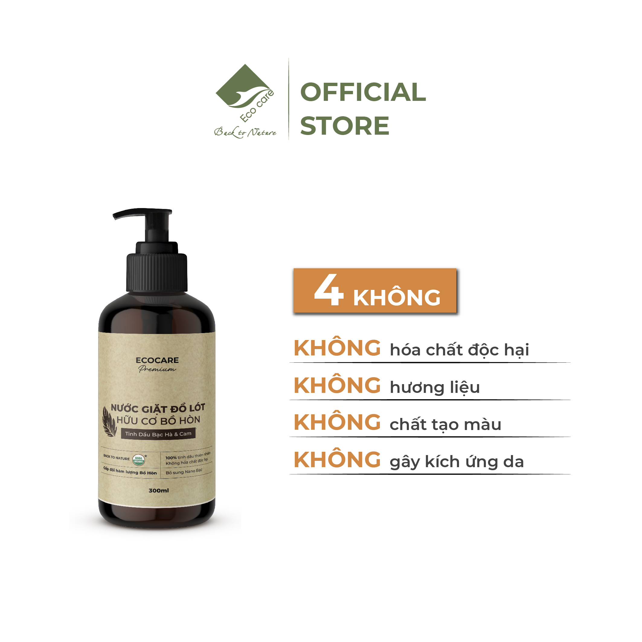 Nước Giặt Đồ Lót Hữu Cơ ECOCARE 300ml Giảm 99% Vi Khuẩn, Tẩy Ố Hiệu Quả, Hương Cam Bạc Hà Thơm Mát