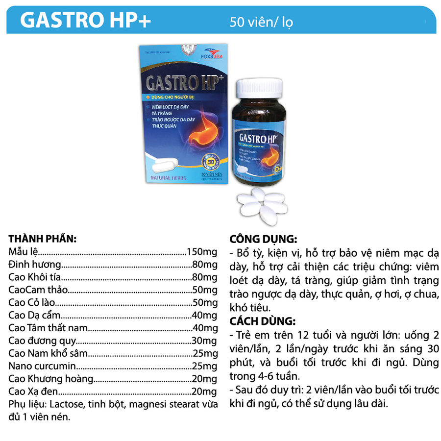 Thực phẩm bảo vệ sức khỏe Gastro Hp _Bổ tỳ, kiện vị, hỗ trợ bảo vệ niêm mạc dạ dày
