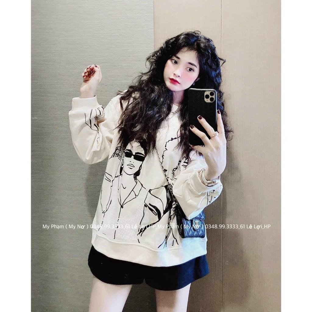 Áo Nỉ Nữ In Hình Cô Gái Tay Dài Form Rộng Ulzzang Thu Đông