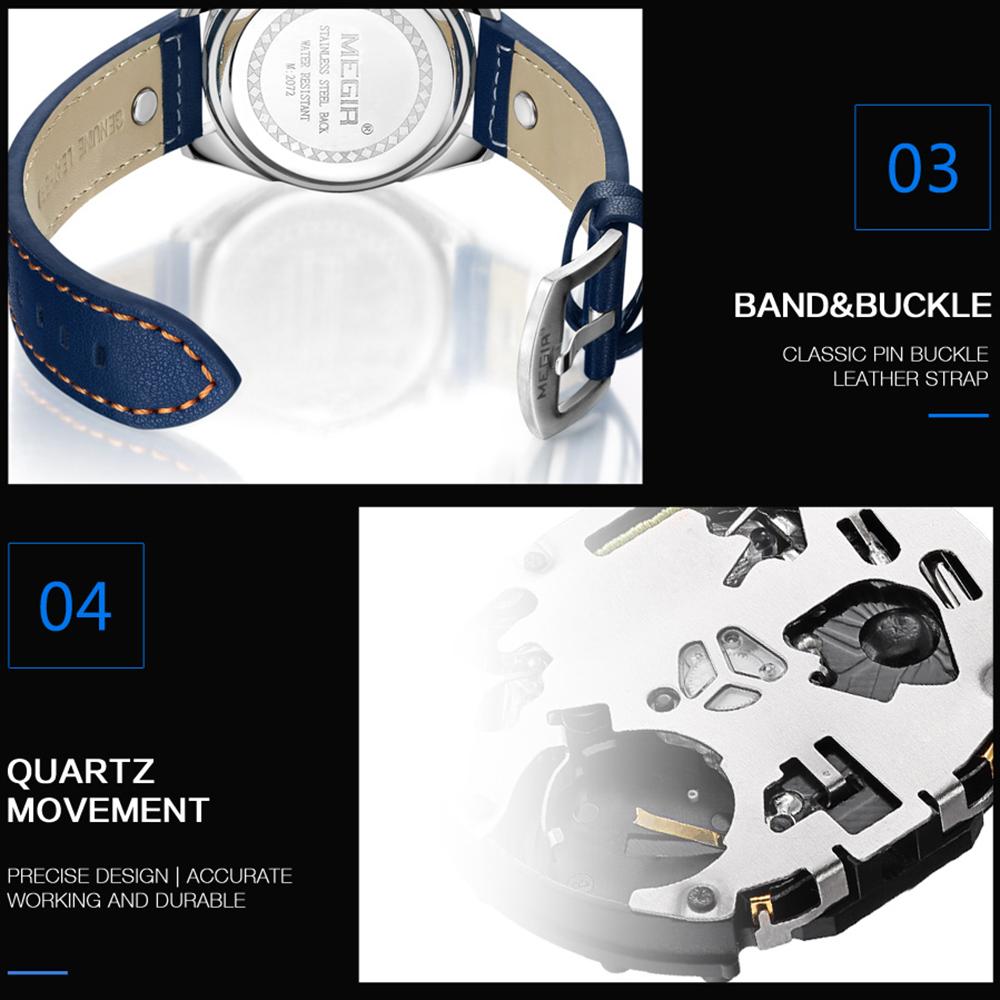 Đồng hồ thể thao MEGIR Chronograph Nam Đồng hồ thạch anh Dây da dạ quang Đồng hồ đeo tay - Màu cà phê