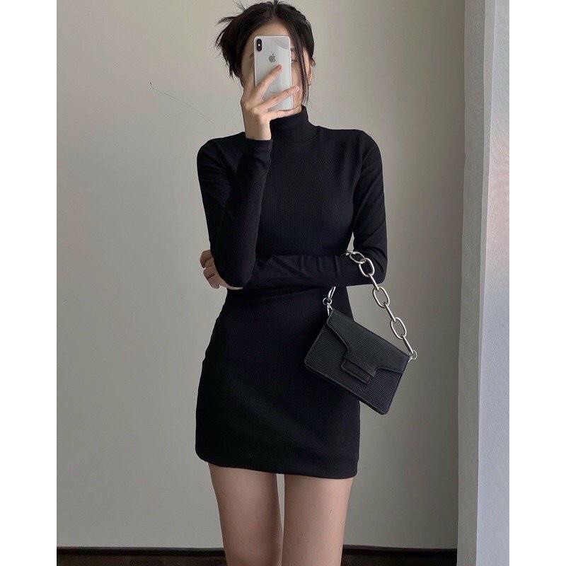Váy Body Cổ Cao Màu Đen Tay Dài Mặc Thu Đông Xinh Đẹp