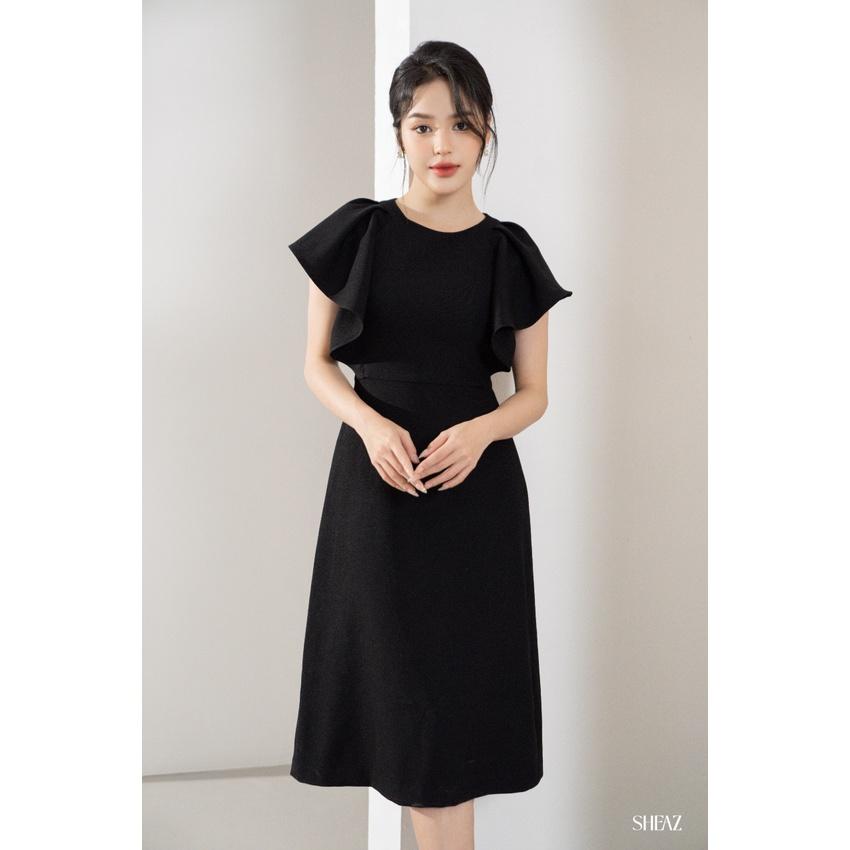 SHEAZ Đầm váy tuyết nhung công sở đen tay bồng eo nhẹ chân A suông midi dài qua gối phong cách Hàn Quốc