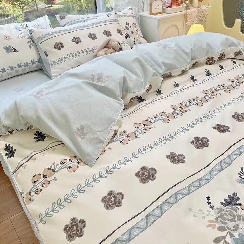 Bộ Chăn Ga Gối Côtton Living 100%cotton Hàng Nhập Khẩu Cao Cấp 4 Món Hoa Xanh
