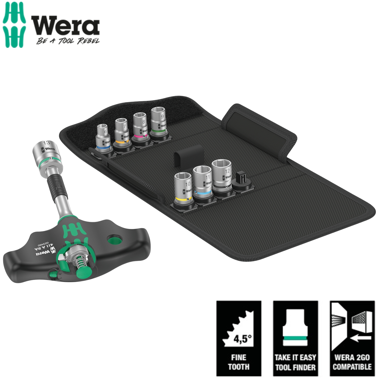 Bộ dụng cụ mở tuýp đa năng Wera 05023470001 Kraftform Kompakt 400 RA Set 2 với tay T vặn tuýp 1/4&quot; tự động gồm 9 chi tiết