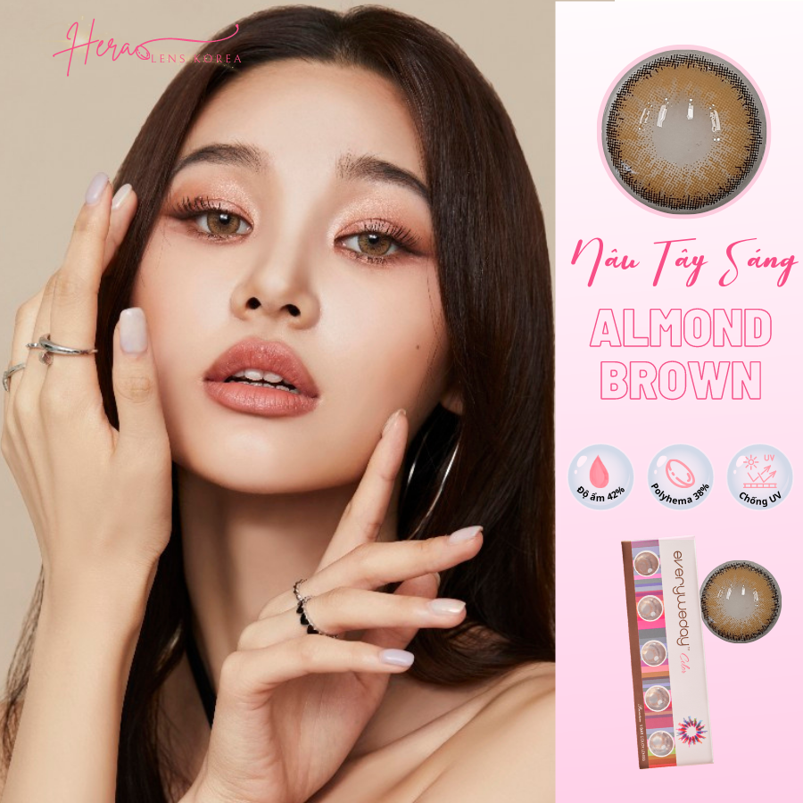 Kính Áp Tròng Hera Nâu Tây Sáng Không Độ ALMOND BROWN Nhập Khẩu Hàn Quốc Lens Không Cận 1 Ngày